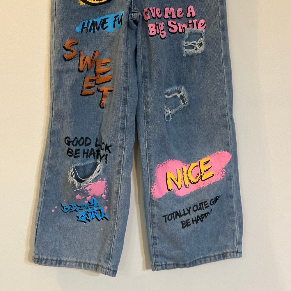 Shein Little Girls Jeans sz 8  Graffiti Jeans Wide Leg jeans - Picture 3 of 5